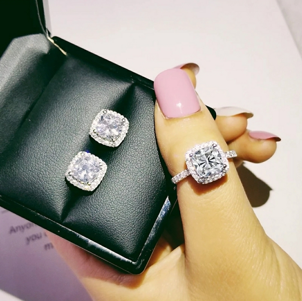 FINAL SALE Beautiful .925 Sterling Silver Cushion Cut Ring & Earring